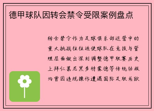 德甲球队因转会禁令受限案例盘点